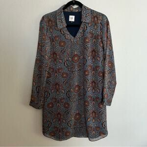 Cabi Blue Brown Floral Johnny Collar Long Sleeve Dress Women's size XS